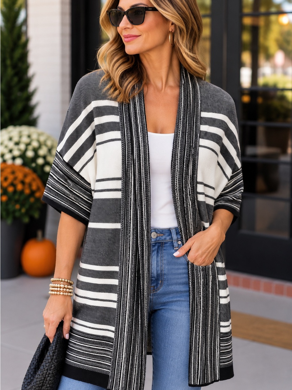 Vince Black & White Striped Open-Front Cardigan